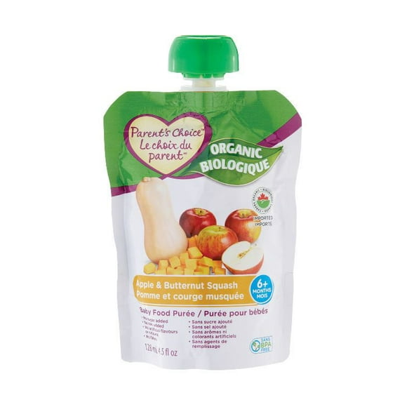 Purée biologique pour bébé Le Choix du Parent à saveur de pomme et courge musquée 128 ml